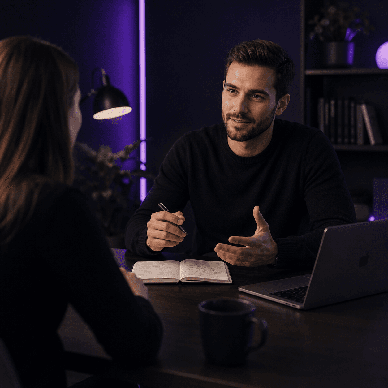 Two people talking across a desk over an open notebook and a laptop