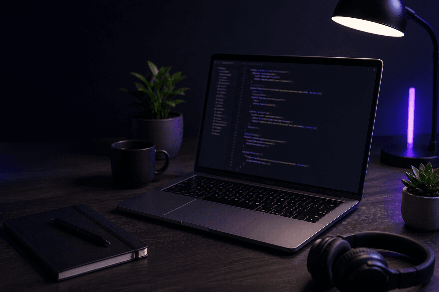 A laptop on a dark desk showing code, lit by a desk lamp and a violet strip light